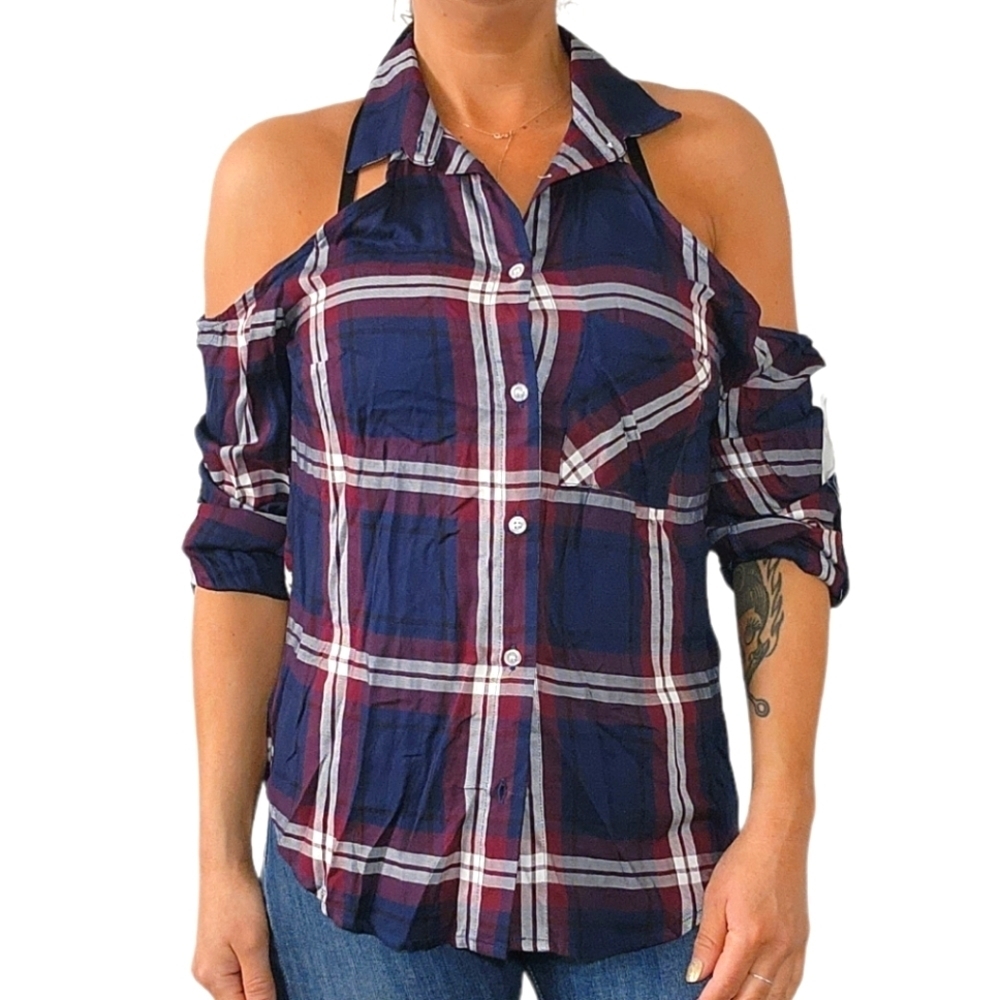 Seven Sisters Button Up Cold Shoulder Plaid Blue Blouse Size Large